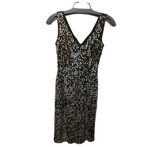 AB Studio‎ Black with Gold Black Sequins V neck Dress